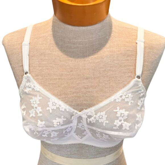 Vintage Lily of France 50s High End Bra Sheer Floral White VTGE Size 36C/XS/S - Picture 1 of 8